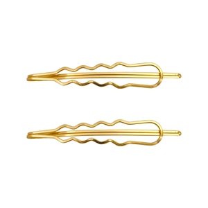 Minimalist wavy gold metal hair clips set in polished finish on white background