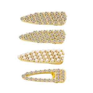 Elegant 4-piece set of gold metal hair clips with pearls and sparkling rhinestones