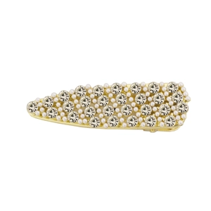 Elegant gold metal waterdrop hair clip with white pearls and sparkling rhinestones