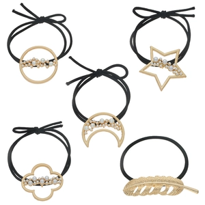 Fashion Zinc Alloy Geometric Hair Ties For Women Gold Silver Star Moon Leaf Pattern Artificial Pearl Decor Elastic Hair Bands