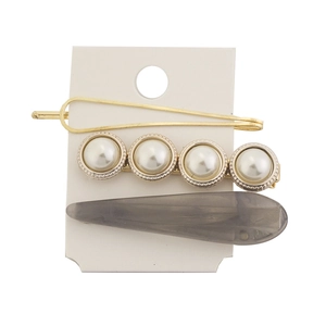 Dreiteiliges Haarspangen-Set mit Perlen, Acetat-Entenschnabelclip und goldener Nadel