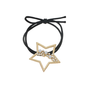 Golden star hair tie with elegant white pearls on a high-elastic black cord
