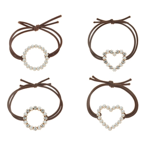 Set of 4 geometric hair ties with pearls and rhinestones on high elastic brown bands