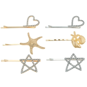 6-piece vintage geometric alloy hair clips with heart and starfish rhinestone designs