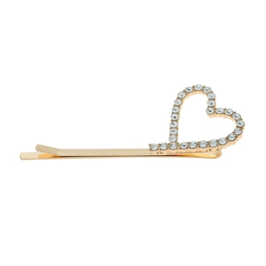 Vintage golden alloy bobby pin with heart shape and sparkling rhinestones for women