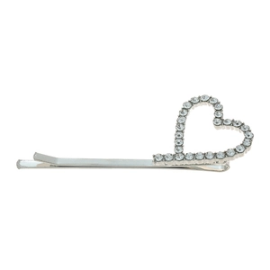 Detail of silver alloy hair clip featuring a hollow heart shape with sparkling rhinestones