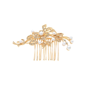 Elegant gold flower hair comb with white pearls and sparkling crystals for bridal hair