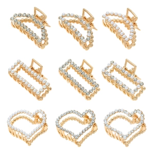 Lot de 9 pinces à cheveux dorées avec perles de culture et strass de formes variées