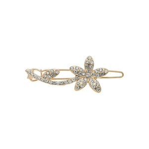 Elegant gold flower hair clip with sparkling white rhinestones and five-petal floral design
