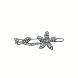 Sparkling floral hair clip with clear crystals on dark gunmetal gray metal finish