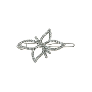 Eleganter silberner Schmetterling-Haarclip mit funkelnden weißen Strasssteinen auf Weiß