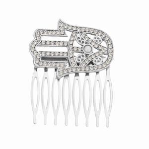 Peigne à cheveux Main de Fatma argenté avec strass cristallins et perle d'imitation