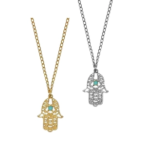 Minimalist Hamsa Hand necklaces in gold and silver finish with turquoise bead center