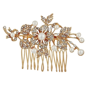 Vintage Rhinestone Flower Leaf Bridal Hair Comb With Faux Artificial Pearls Gold Silver Wedding Hair Jewelry Accessories For Women