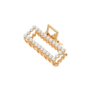 Pince à cheveux géométrique en métal doré ornée de perles blanches pour femmes chic