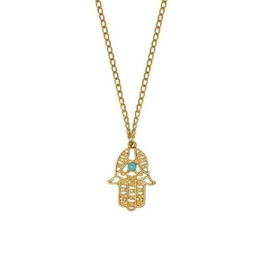 Detailed close-up of golden Hamsa Hand necklace with turquoise bead on a fine chain