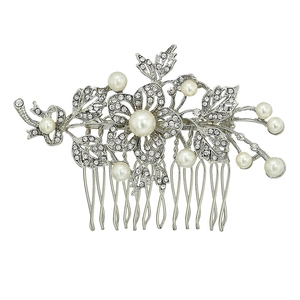 Elegant bridal hair comb with silver floral design, white pearls and sparkling crystals