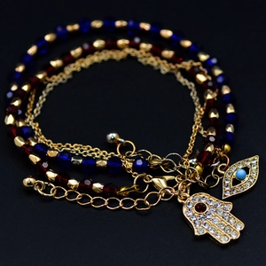 Hamsa Hand and Evil Eye beaded multi-layer bracelet with crystals and gold finish