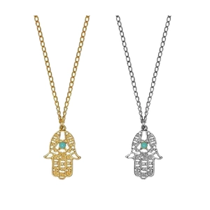 Vintage Hamsa Hand Pendant Necklace Zinc Alloy Hollow Pattern Turquoise Charm Necklaces Women Ethnic Style Daily Jewelry