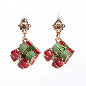 Christmas gift box drop earrings in festive red and green enamel with red rhinestones