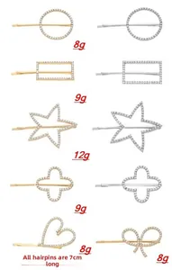 Set of six geometric alloy hair clips with rhinestones in gold and silver finish