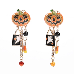 Creative Halloween pumpkin drop earrings with black ghost charms and long tassels