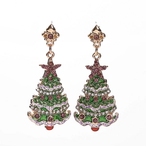 Sparkling Christmas tree earrings with green enamel and rhinestones in gold finish