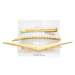 Three-piece set of elegant gold alloy hair clips with white pearls for women's hair styling
