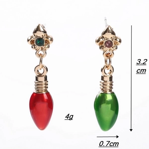 Detailed view showing dimensions of asymmetric red and green Christmas bulb earrings