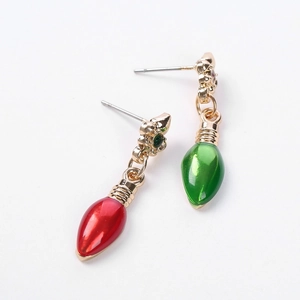 Asymmetric Christmas tree bulb stud earrings in red and green with gold floral accents
