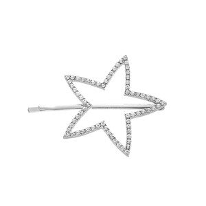 Close-up of minimalist silver star hair clip with sparkling rhinestones and metal clip