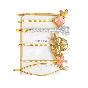 Alloy Starfish Shell Faux Artificial Pearl Hair Clip Set For Women Fashion Ocean Theme Gold Enamel Bobby Pins Beach Vacation Jewelry