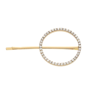 Detailed view of a gold geometric round hair clip with sparkling white rhinestones