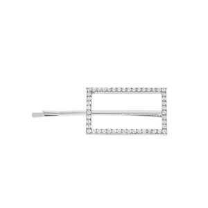 Close-up of silver alloy hair clip with rectangular frame set with sparkling crystals