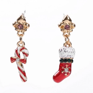 Festive Alloy Christmas Earrings Asymmetric Candy Cane And Christmas Stocking Stud Earrings With Rhinestone For Women