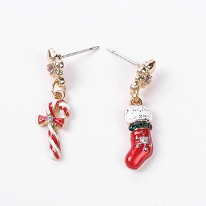 Asymmetric Christmas earrings with candy cane and Santa stocking charms in red and green gold