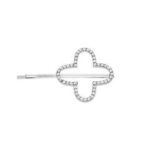 Detailed macro view of silver alloy hair clip featuring sparkling clover rhinestone inlay