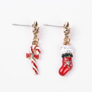 Asymmetric Christmas earrings featuring candy cane and red stocking on gold alloy base
