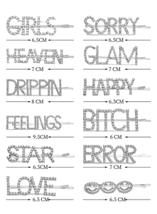 Detailed view of silver rhinestone letter hair clips with varied word designs and sizes