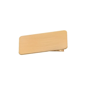 Minimalist rectangular gold metal hair clip with brushed texture on white background