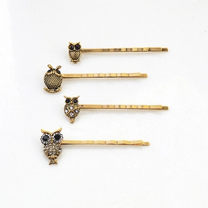 Vintage Alloy Rhinestone Owl Bobby Pin Set For Women Retro Animal Hair Clips Electroplated Metal Hair Accessories Jewelry Gift