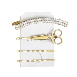 Elegante set di 4 fermagli per capelli in perle e oro con spilla a forma di forbice unica