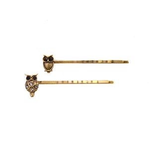 Vintage bronze owl hair clip set with sparkling rhinestones and retro metal design