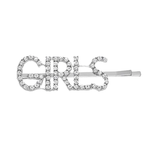 Close-up of silver alloy hair clip with white rhinestones spelling GIRLS