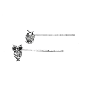 Vintage silver owl hair clip set with sparkling white rhinestones and black gem eyes