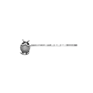 Retro silver owl hair clip with vintage embossed details and black crystal eyes