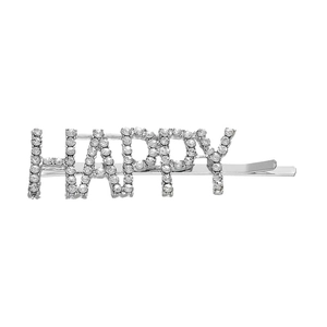 Close-up of silver-tone hair clip featuring HAPPY letter design with sparkling rhinestones