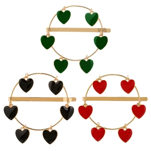 Barrettes vintage uniques avec breloques coeur en vert forêt, noir classique et rouge vif