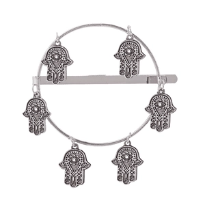 Retro silver alloy Hamsa hand charms barrette hair clip with round metallic ring decoration