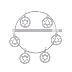 Silberne Haarspange mit hohlem Hexagramm-Ring und hängenden Stern-Anhängern auf Weiß